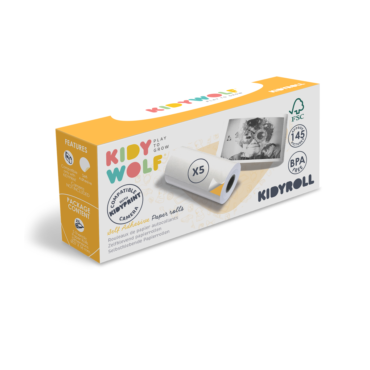 Box of KIDYWOLF self-adhesive paper rolls featuring colorful branding. Includes five rolls, BPA-free, with child’s photo on paper. Compatible with KIDYWOLF camera.