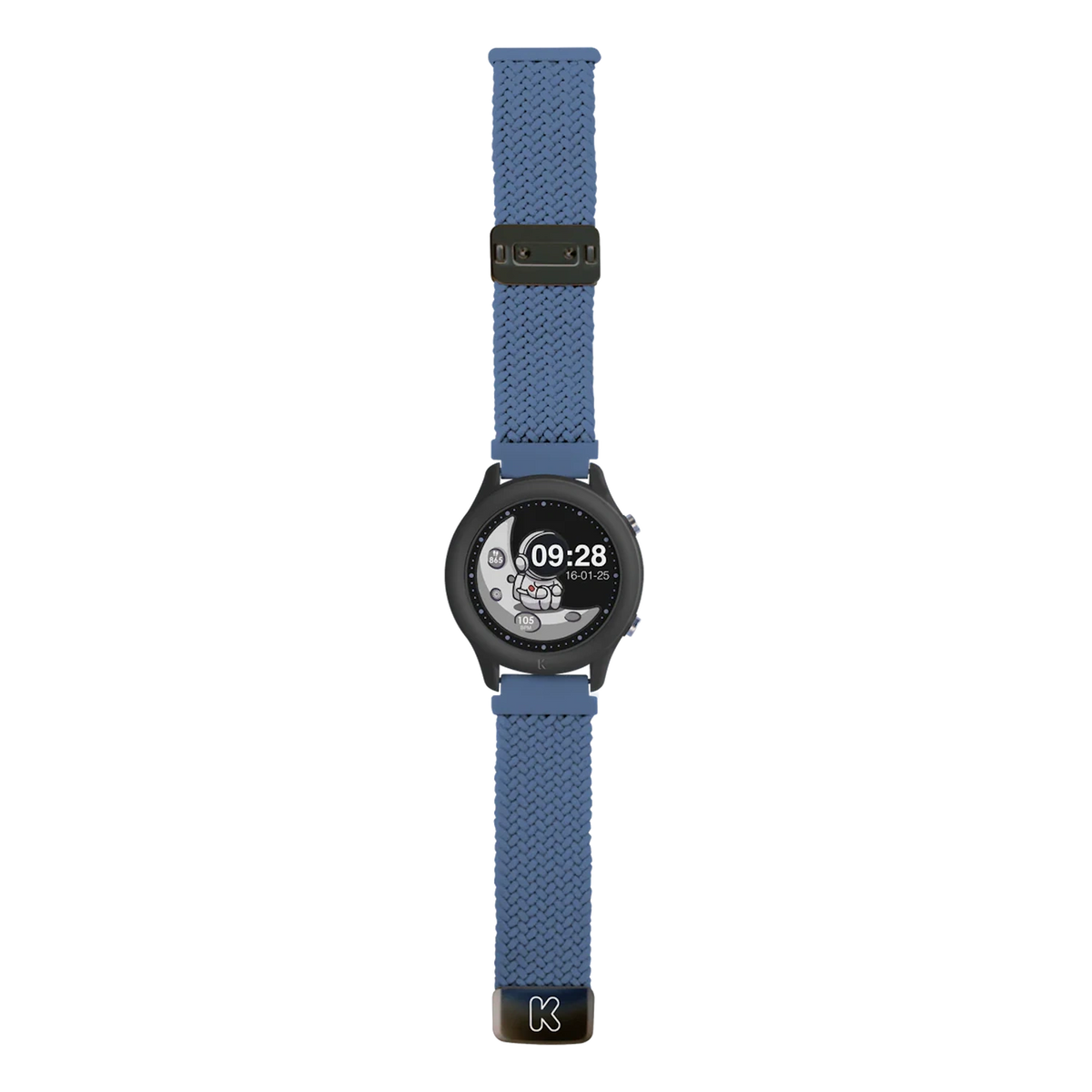 A black smartwatch with a blue braided strap and an astronaut watch face on a white background.