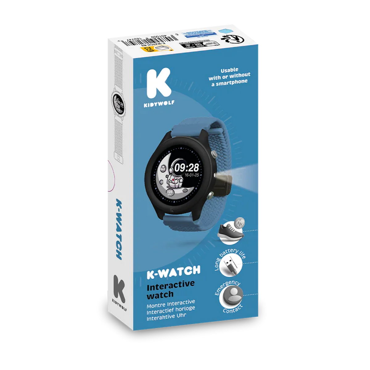 Blue Kidywolf K-Watch interactive smartwatch packaging box featuring a black digital watch with an astronaut.