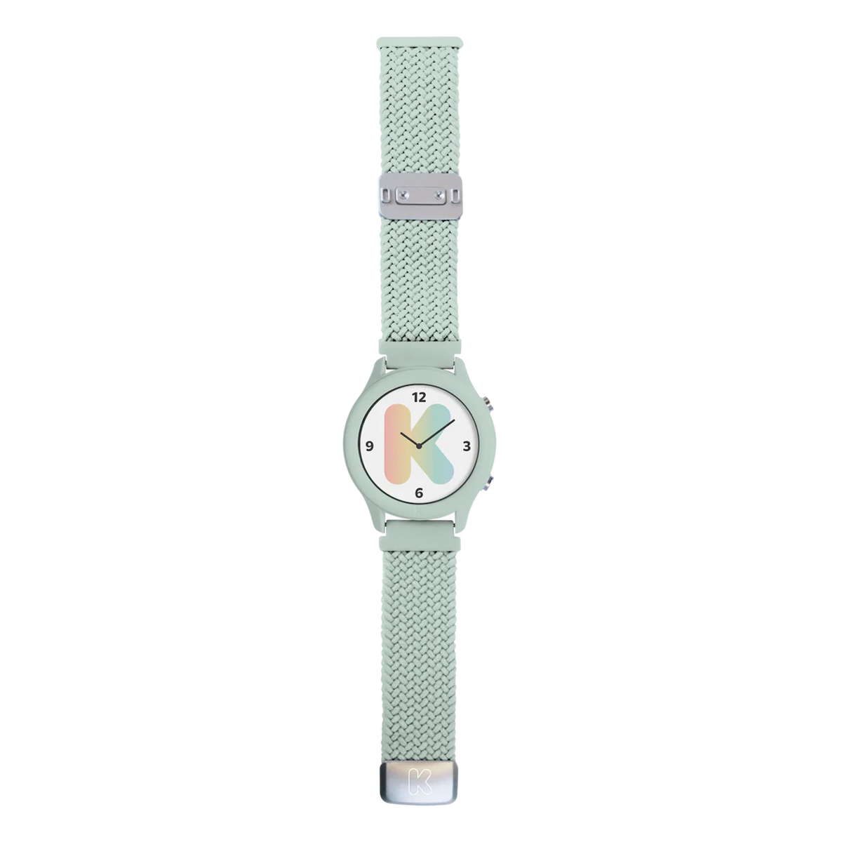 Mint green watch with a braided strap and a white face featuring a large, pastel rainbow letter K.