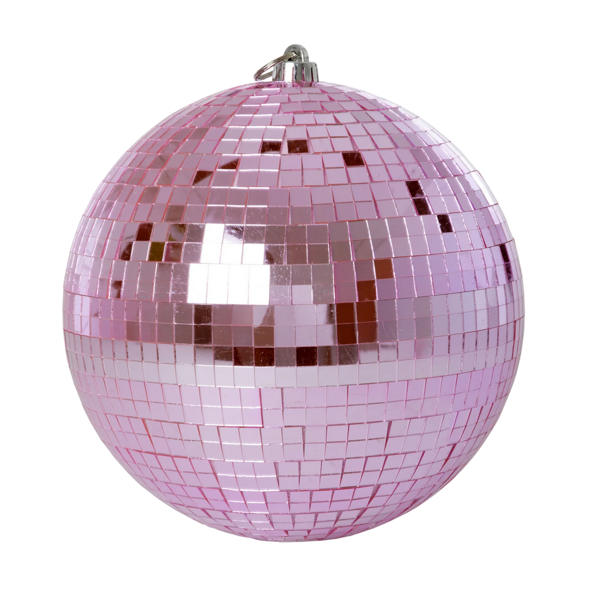 A pink disco ball with reflective square tiles, hanging against a white background. The tiles shimmer, conveying a fun, festive atmosphere.