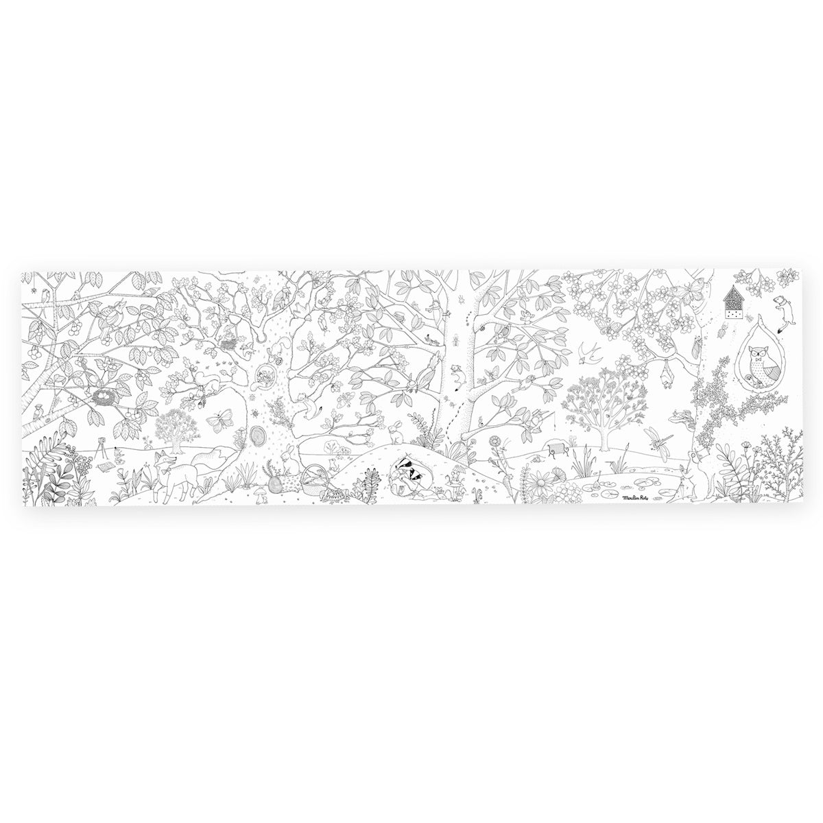Intricate black and white illustration of a lively forest scene. Trees, birds, foxes, and an owl in a hammock create a whimsical and detailed nature setting.