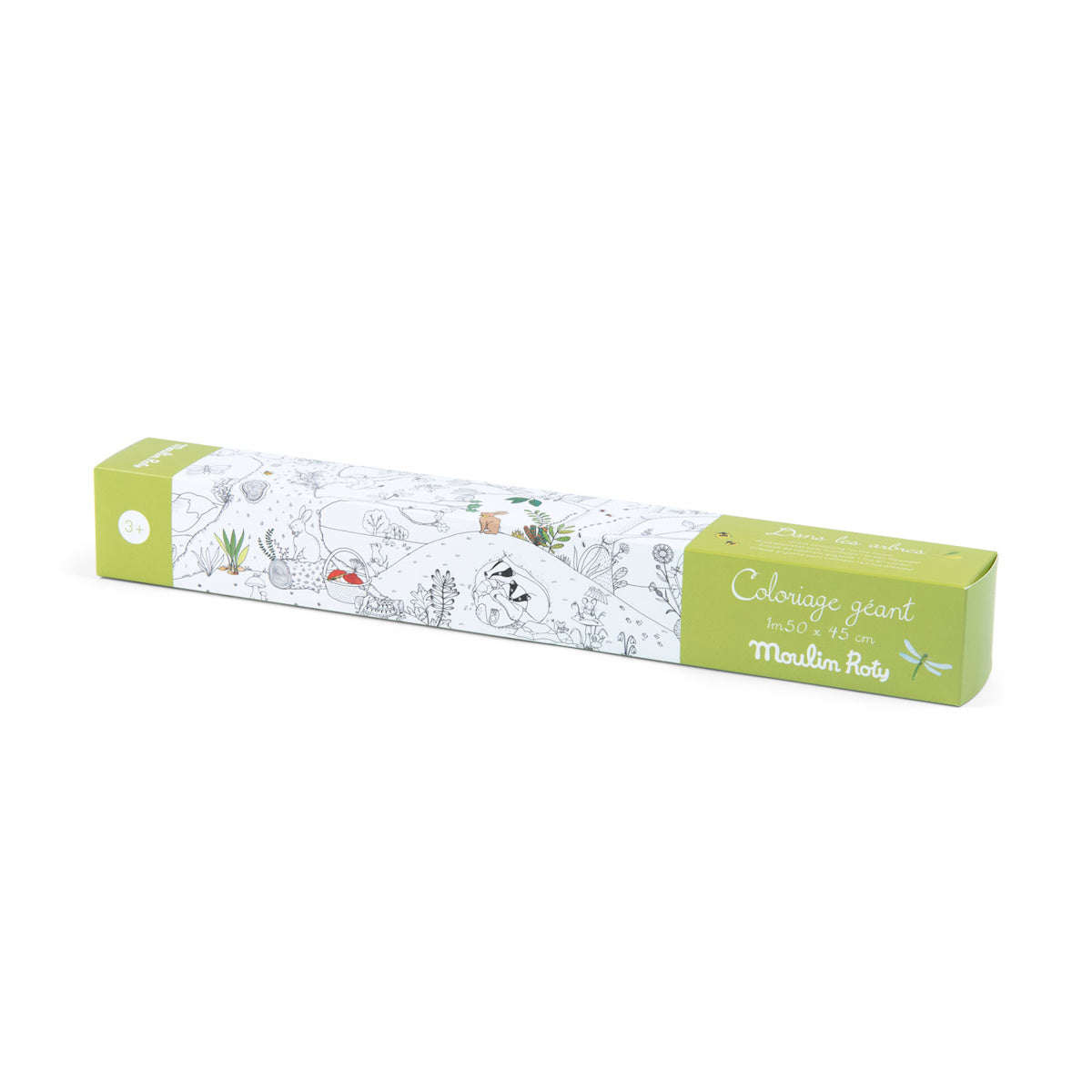 A green and white boxed giant coloring roll for ages 3 and up. The design features whimsical nature scenes with animals and plants on the packaging.