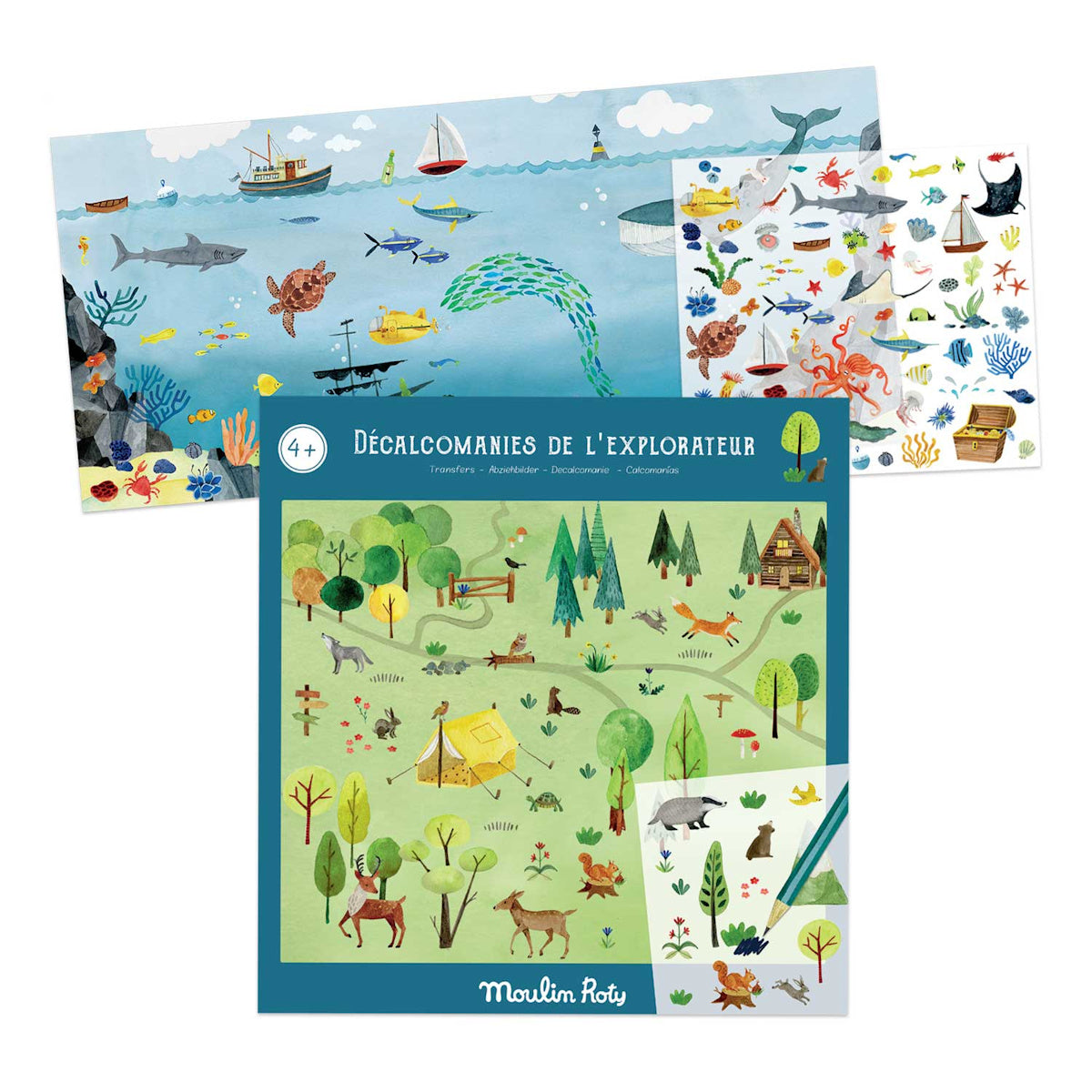 Children's decal set with two scenes: an ocean with marine life, boats, and a treasure chest, and a forest with animals, trees, and a tent; vibrant and playful.