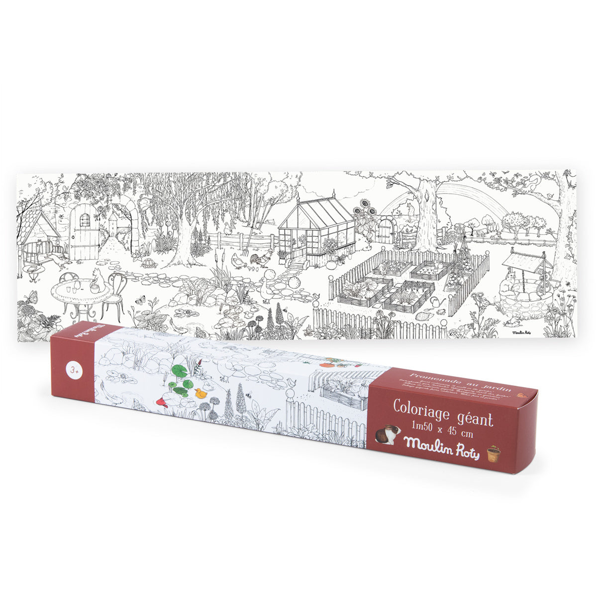 Black and white illustrated garden scene with trees, a greenhouse, and fenced garden beds. It appears on packaging labeled "Coloriage géant" by Moulin Roty.