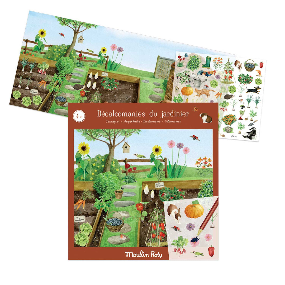Illustrated garden scene with labeled plants, sunflowers, and a tree. Includes gardening-themed decals like tools and vegetables. Bright and playful.