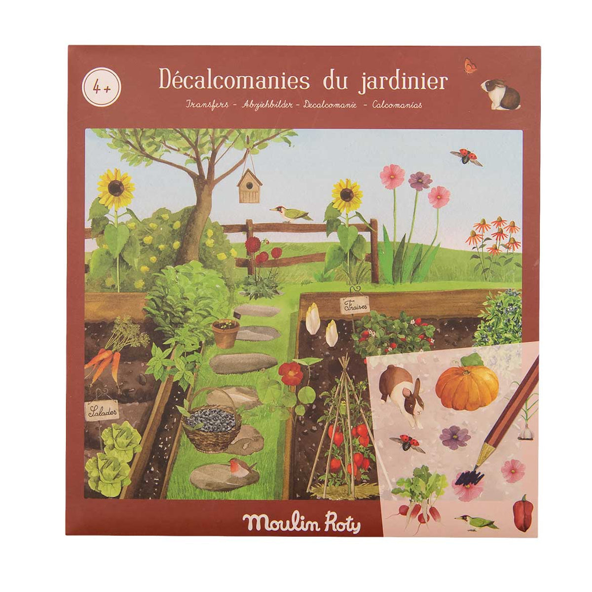Illustrated garden scene with sunflowers, carrots, and a birdhouse against a blue sky. Includes garden tools and decorative decals, with a playful tone.