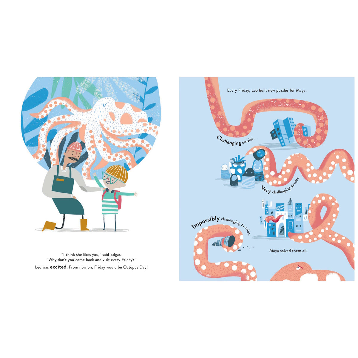 Illustration of a boy and man with a large octopus, and the octopus solving puzzles with its tentacles.