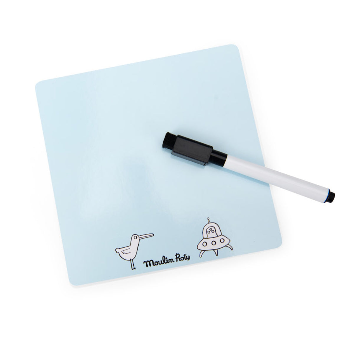 A light blue dry-erase board with a black marker. Simple drawings of a bird and a UFO appear at the bottom.