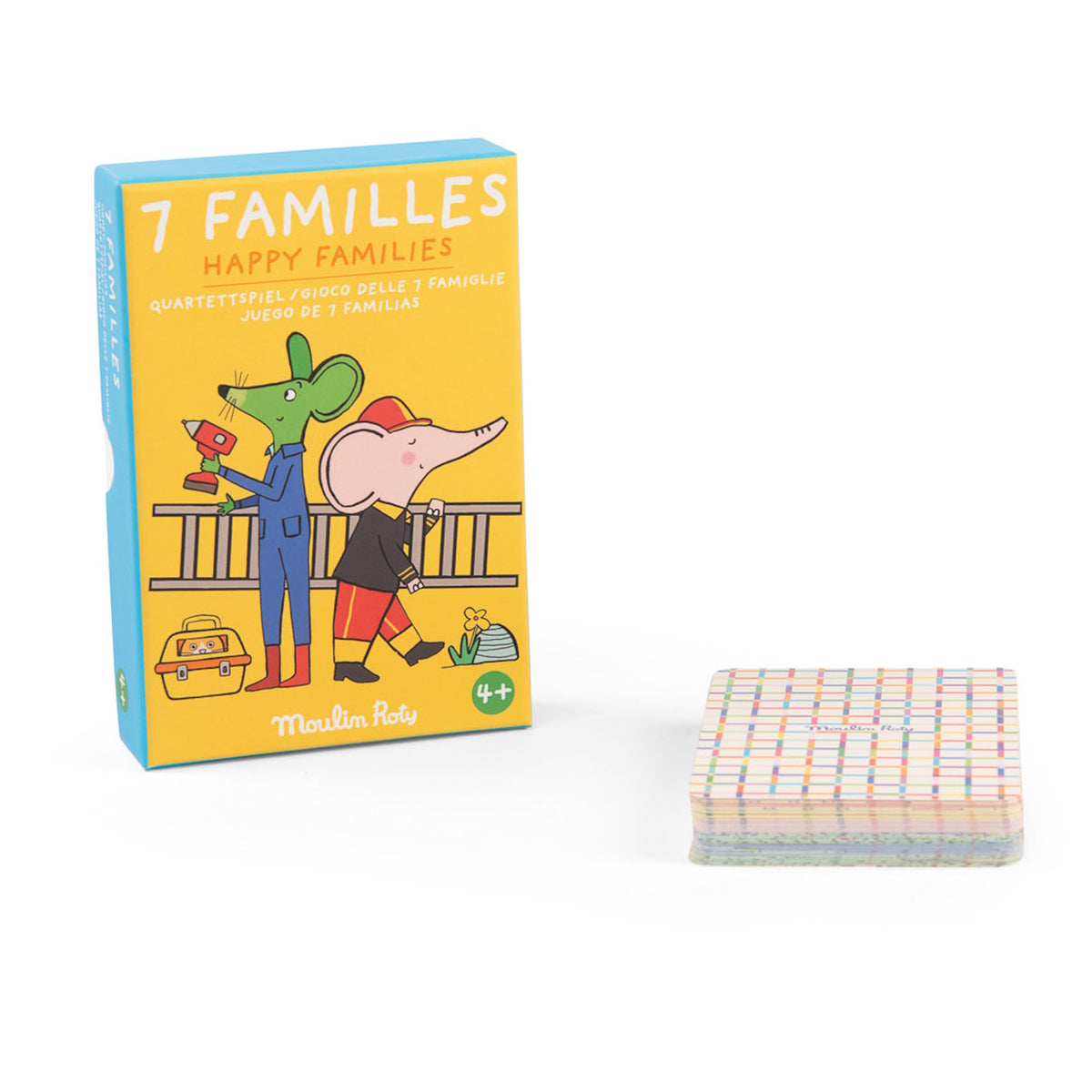 A yellow box for the "7 Familles" card game sits next to a stack of grid-patterned playing cards.