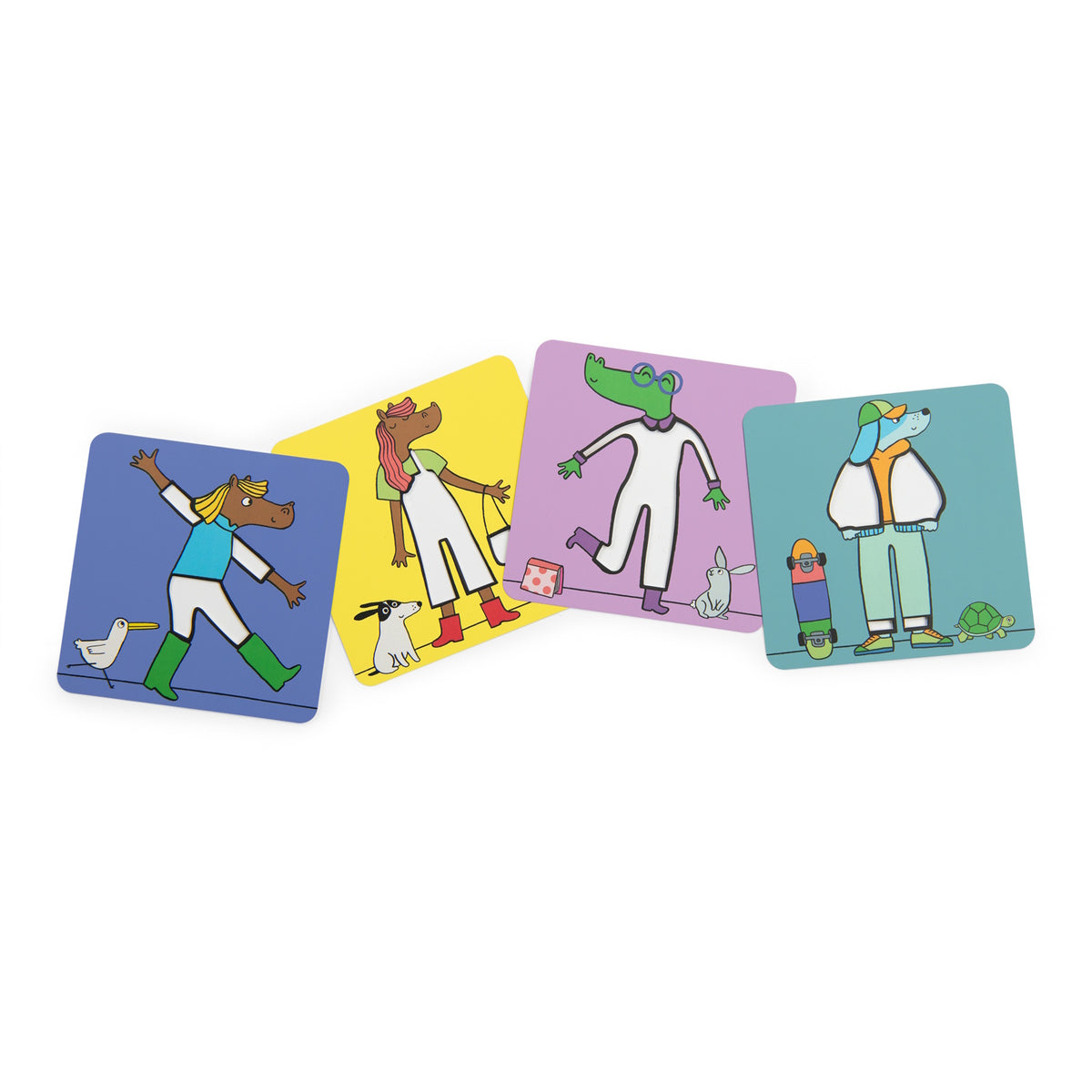 Les Loufoques logic game cards featuring illustrated animal characters like a horse, crocodile, and dog.