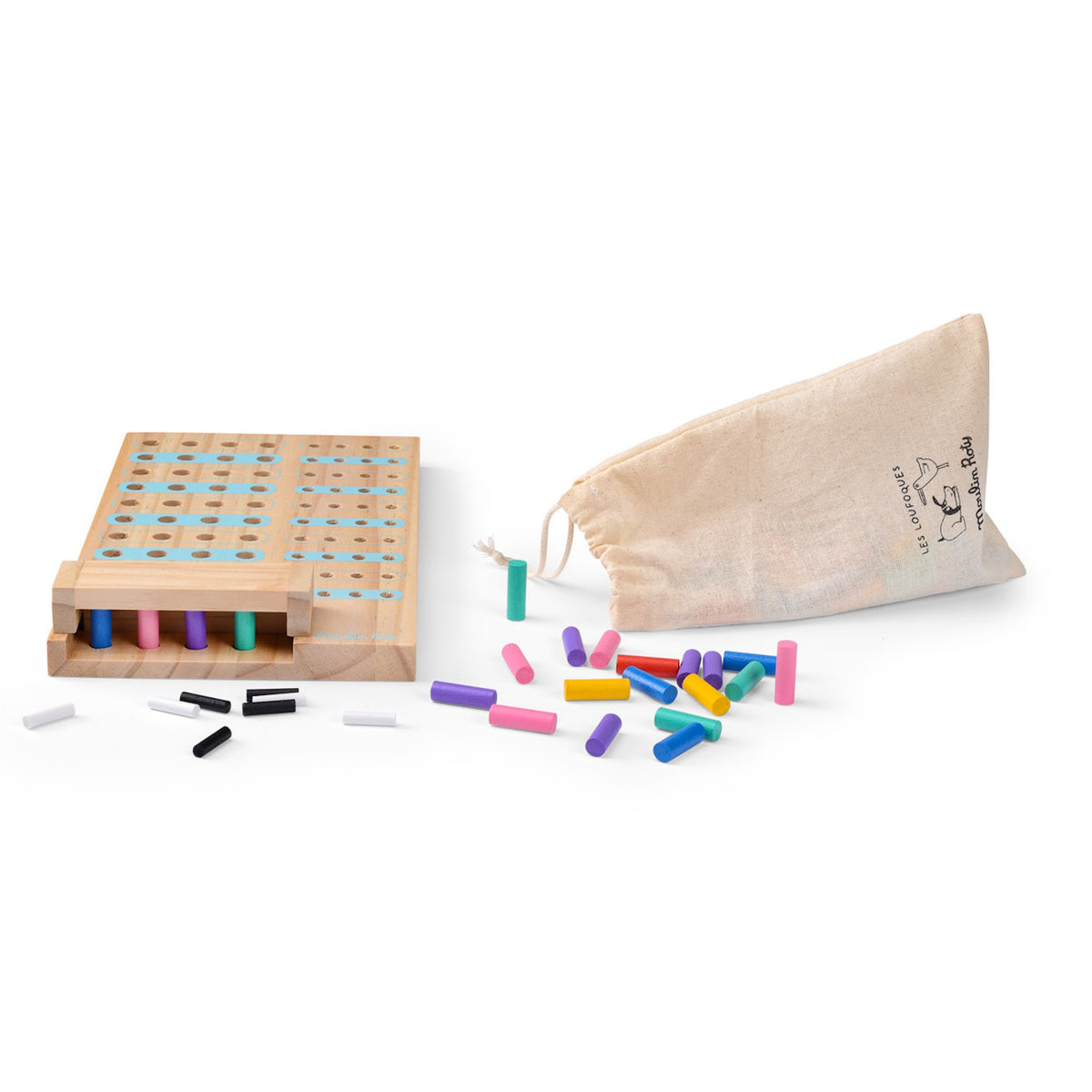 A wooden Mastermind-style board game with colorful pegs, small black and white markers, and a canvas storage bag.