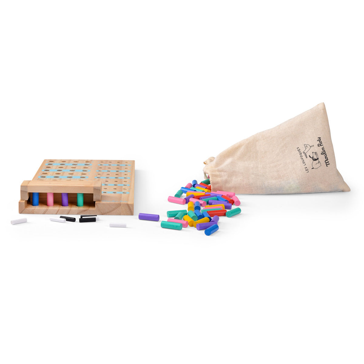 Wooden Mastermind-style board game with colorful pegs spilling out of a tan drawstring bag on a white background.