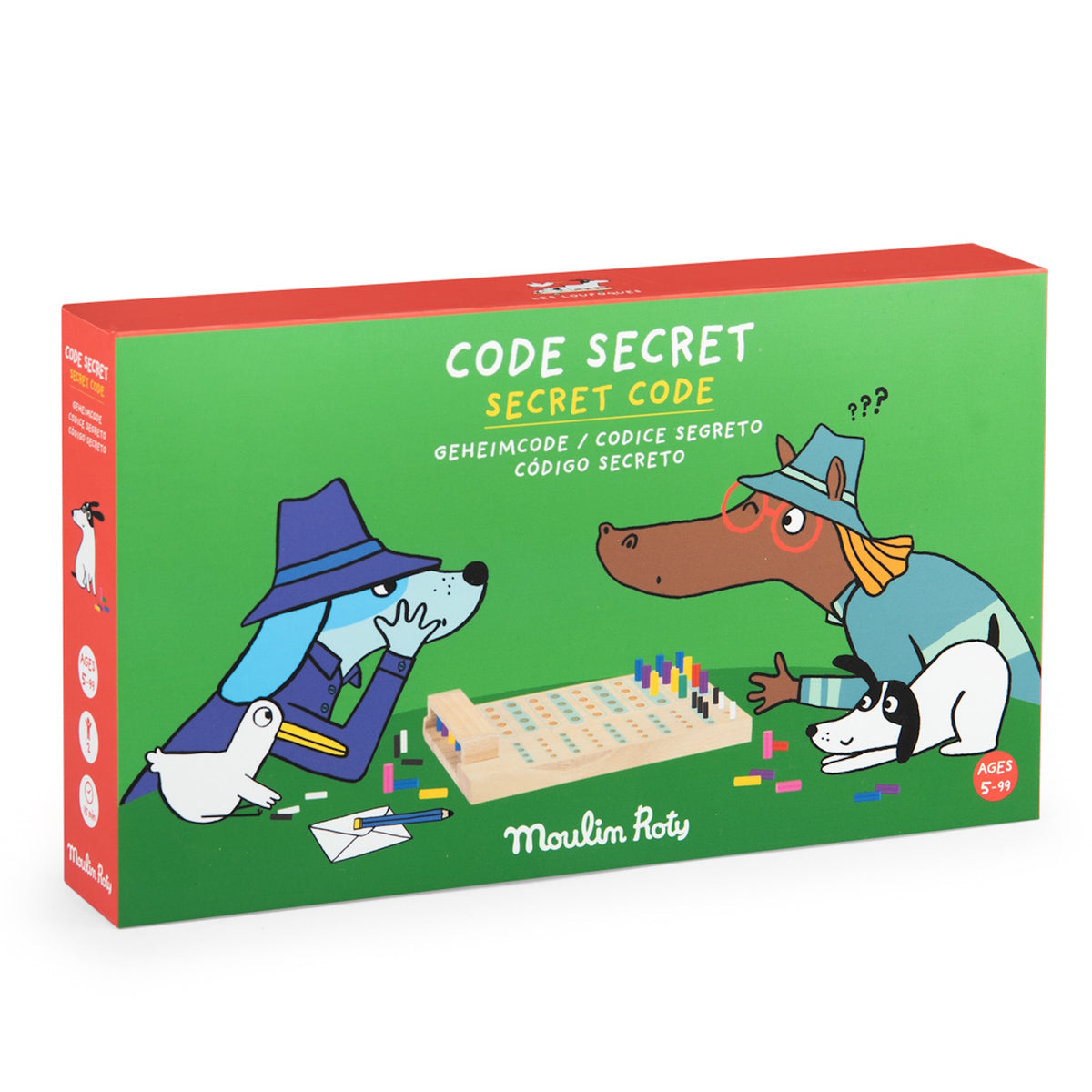Box for "Secret Code" board game by Moulin Roty, featuring a dog and horse in detective hats playing a wooden peg game.
