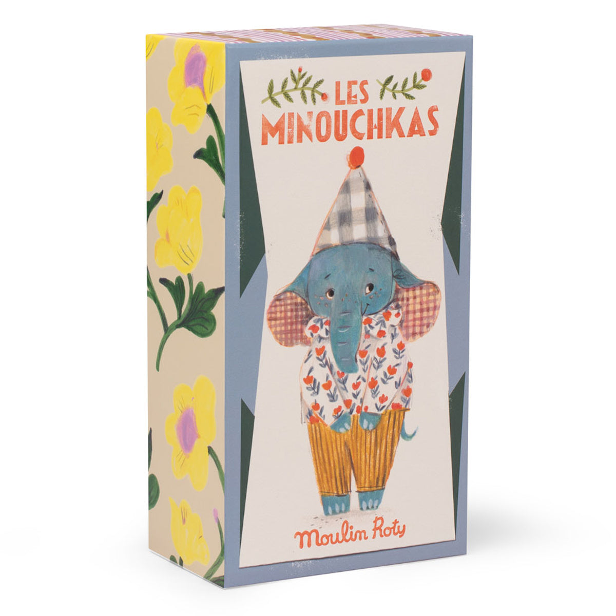 Moulin Roty Les Minouchkas Pablo the elephant toy box with yellow floral patterns and blue border.