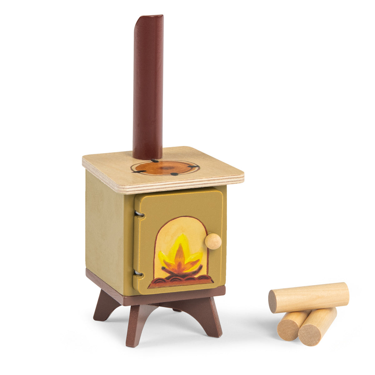 Miniature toy wooden fireplace stove with tiny logs for a dollhouse cosy living room playset.