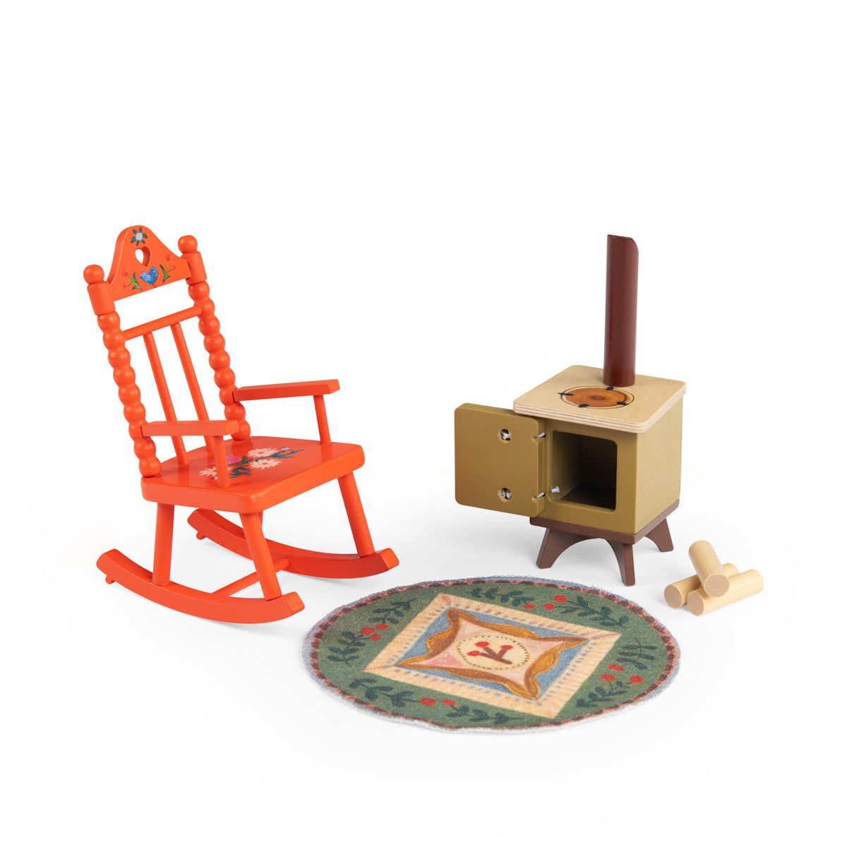 Les Minouchkas cozy living room toy set with orange rocking chair, miniature stove, and rug.
