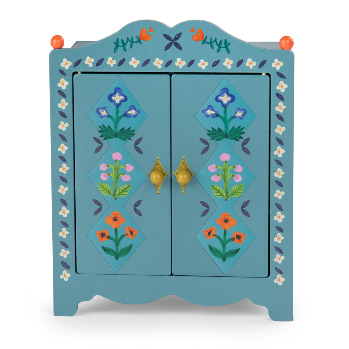Blue painted wooden doll wardrobe with closed doors, floral patterns, and orange knobs.