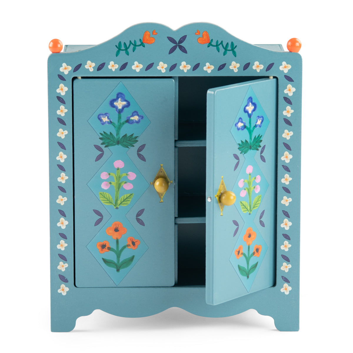 Les Minouchkas blue painted wooden toy wardrobe with floral details and an open door.