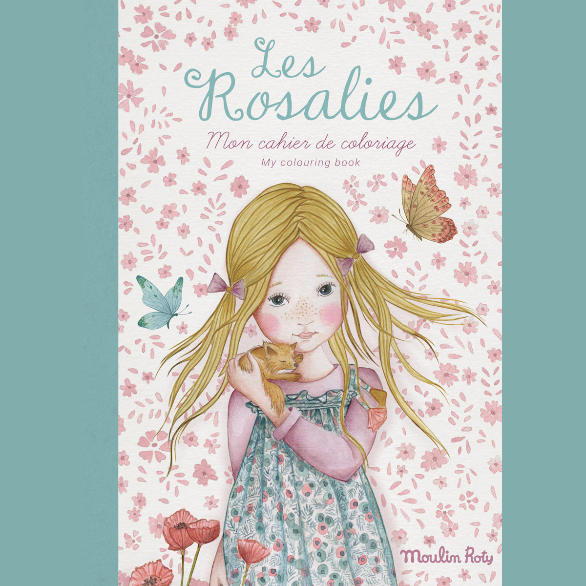 Young girl with long blonde hair, holding a kitten, surrounded by butterflies and flowers. The title "Les Rosalies" appears above. Soft, whimsical tone.