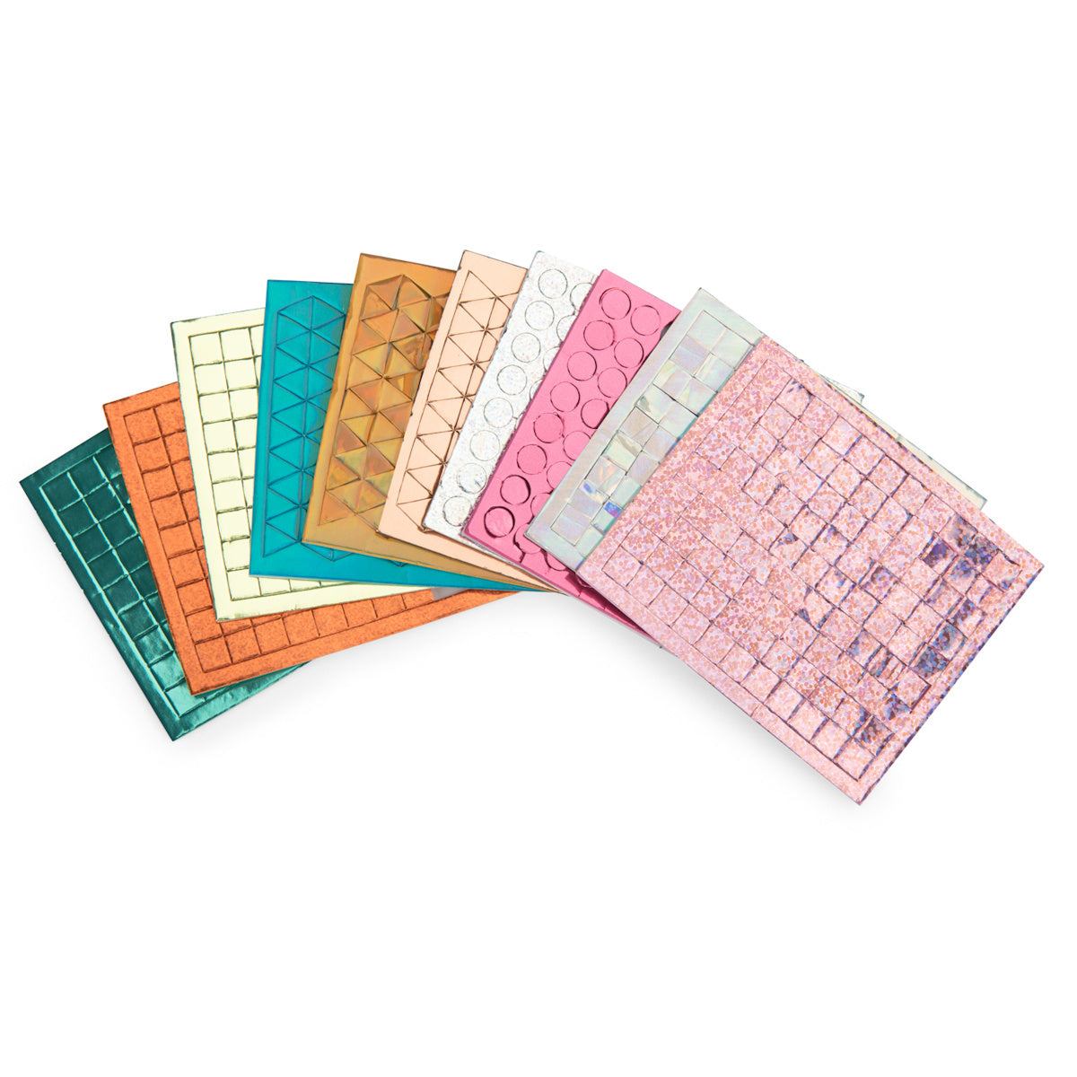 Colorful fan display of geometric and textured mosaic tiles in iridescent pink, teal, gold, and orange.