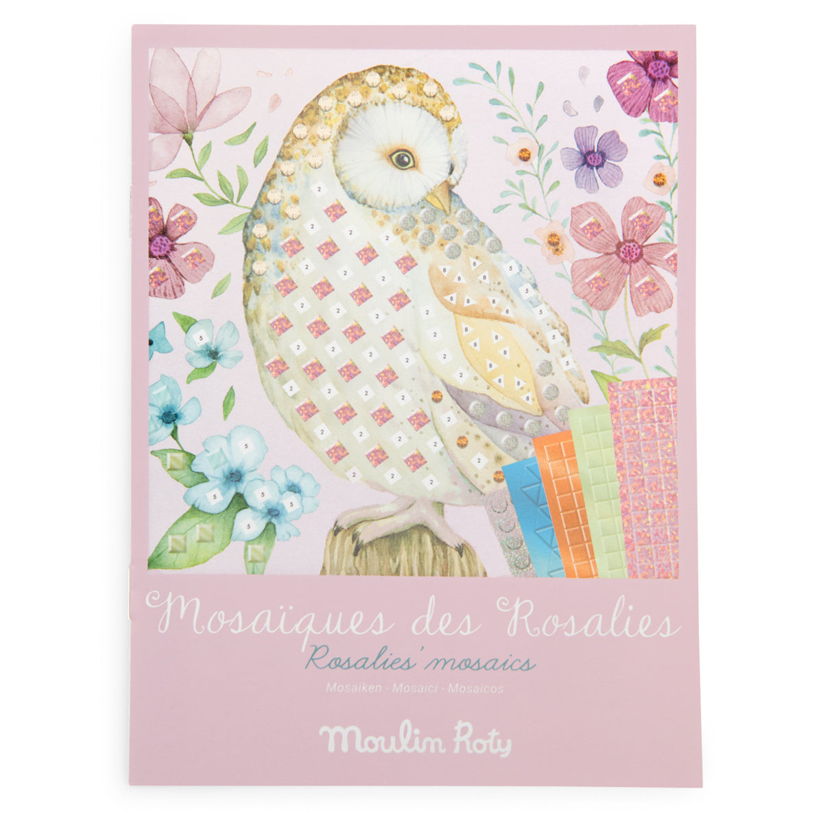 Illustrated craft box for "Rosalies' Mosaics" shows a mosaic-patterned owl amidst colorful flowers on a pastel purple background.