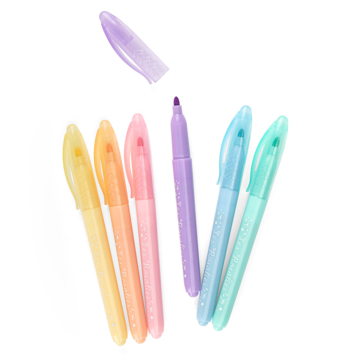 A set of six pastel markers in yellow, pink, orange, purple, blue, and mint is displayed.