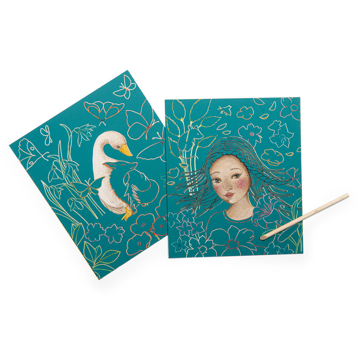Illustrations on teal paper: one shows a girl with flowing hair, flowers, and leaves; the other depicts a swan amid similar flora. A stylus rests nearby.