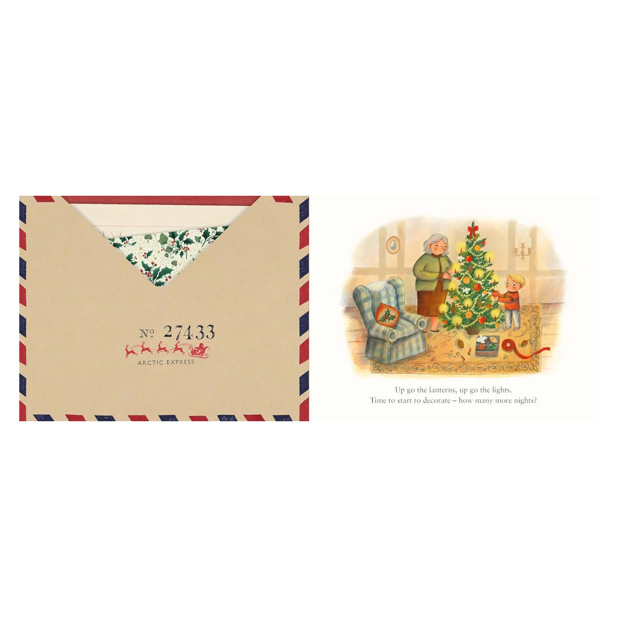 An envelope marked "Arctic Express" on the left, next to a cozy scene of a woman and child decorating a Christmas tree on the right. Festive and warm.