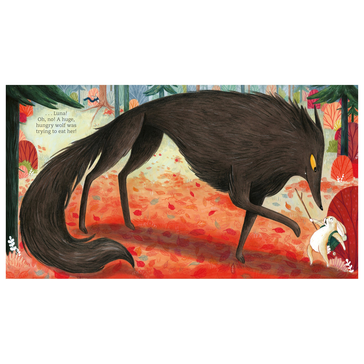 Large dark wolf looming over a small white rabbit in an autumn forest illustration with red leaves and trees.
