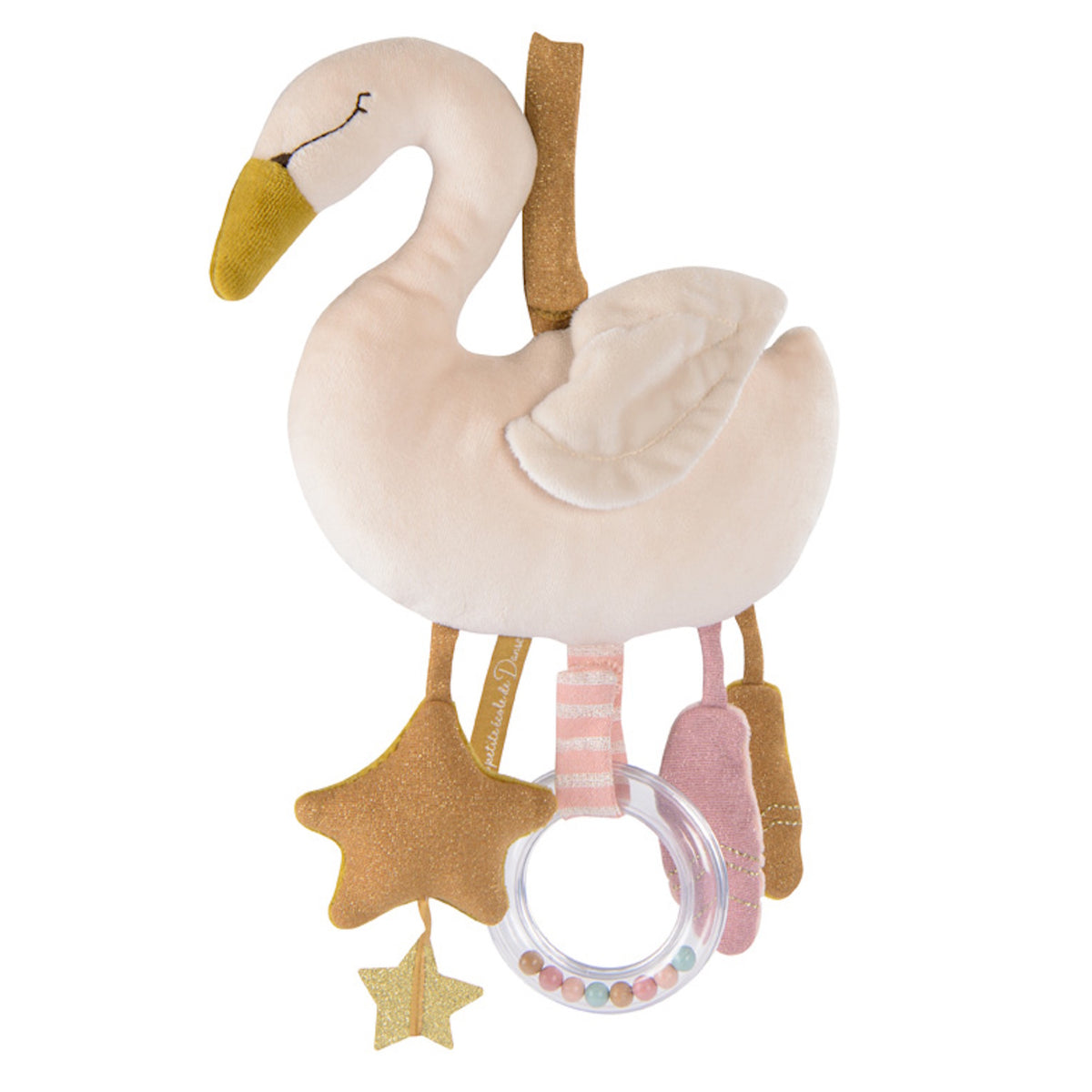 Plush swan hanging toy featuring a gold star, a pink ballet slipper, and a clear rattle ring with colorful beads.