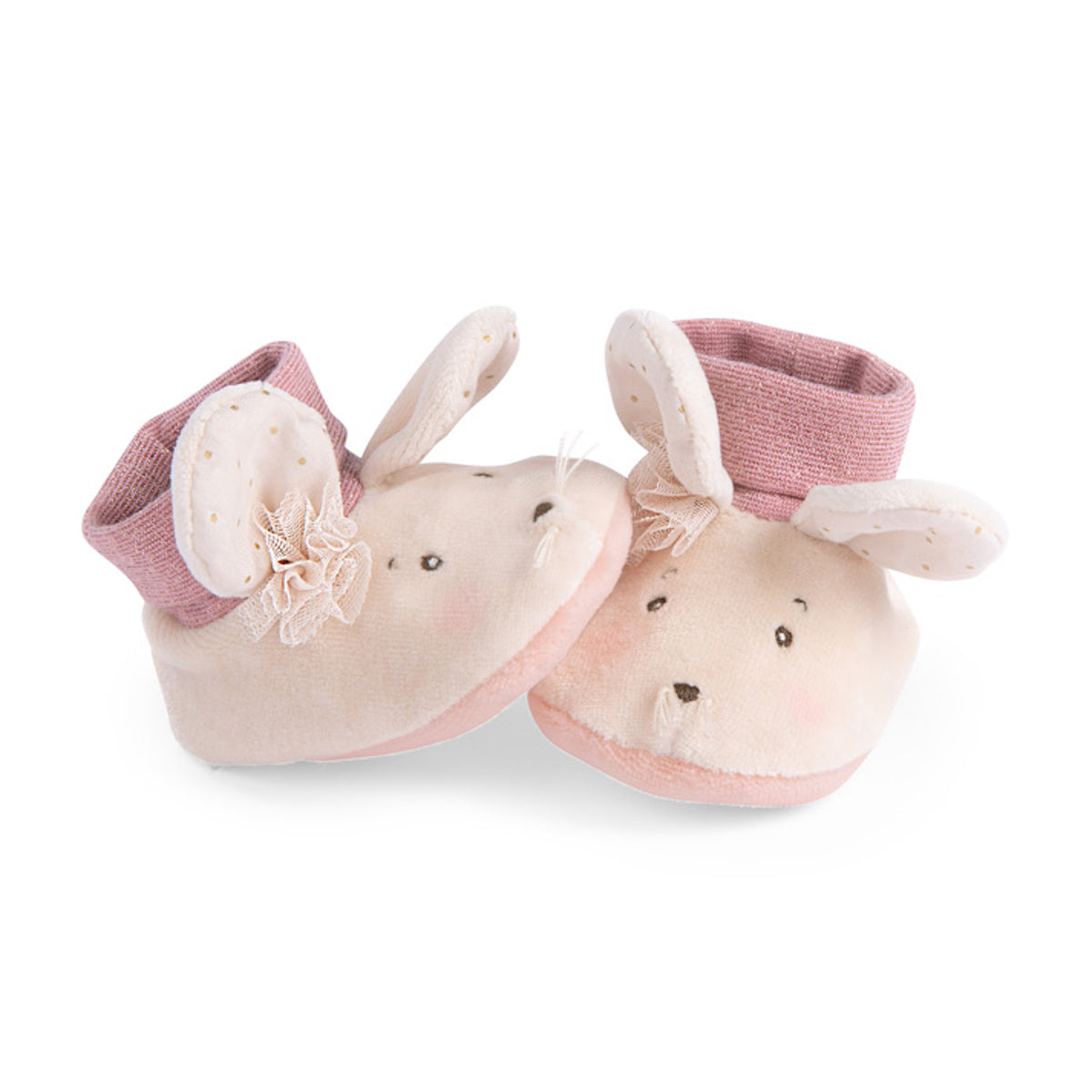 Plush pink mouse baby slippers with fabric ears and a tulle bow.