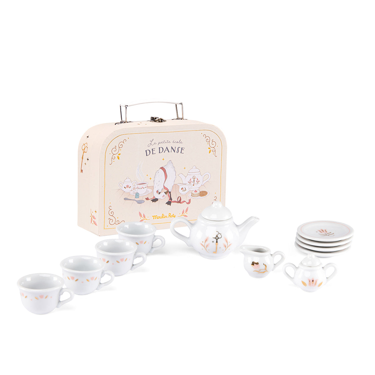 Moulin Roty La Petite Ecole De Danse ceramic toy tea set with cups, teapot, and carrying case.