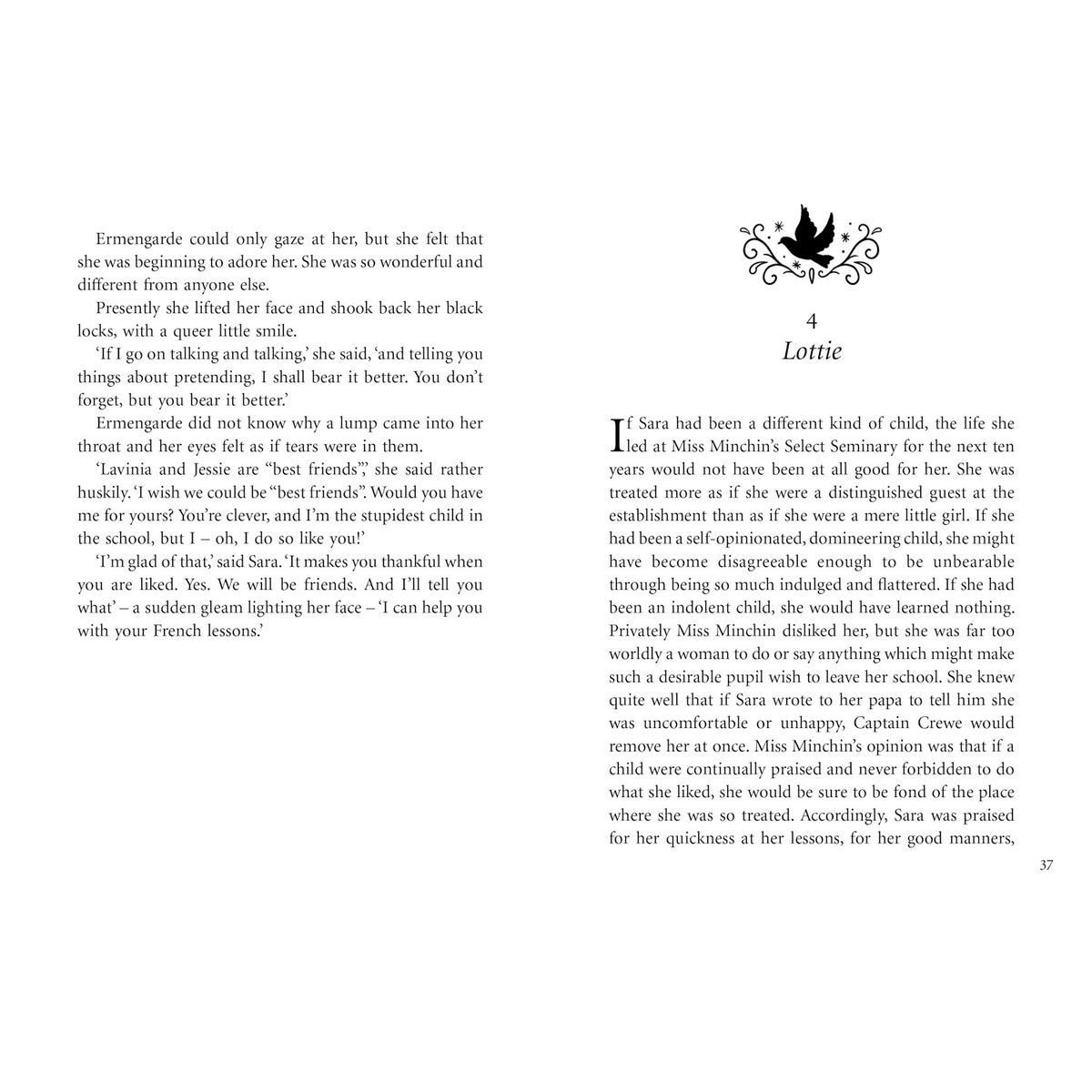 Open book spread of A Little Princess, Chapter 4, showing classic typography and a bird illustration on page 37.