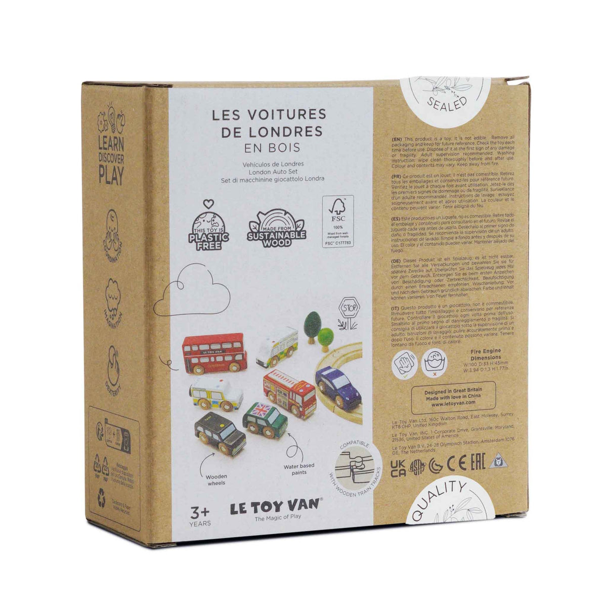 The back of the cardboard packaging for the Le Toy Van London Auto wooden toy car set.