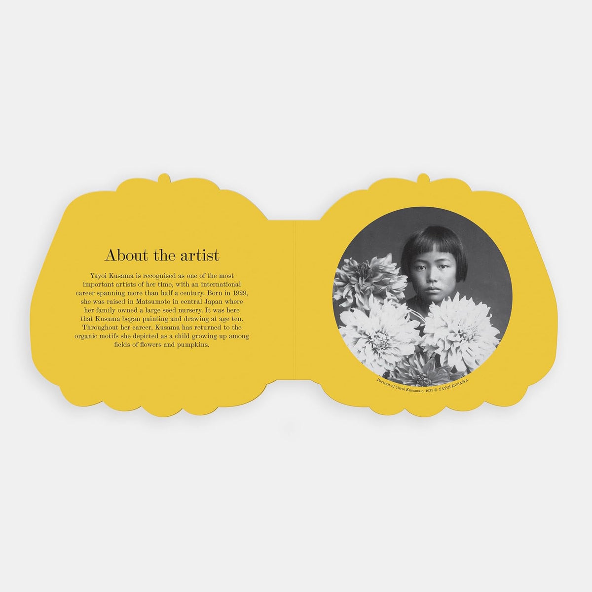 Shaped board book spread featuring "About the artist" text opposite a portrait of young Yayoi Kusama.