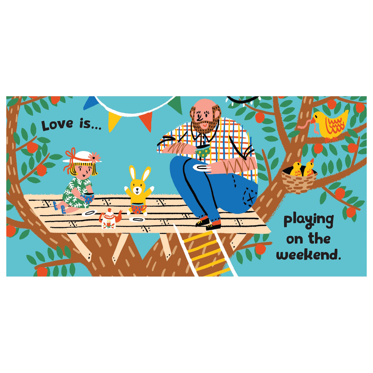 Illustration of a father and daughter having a tea party in a treehouse with a bunny and birds in an orange tree.