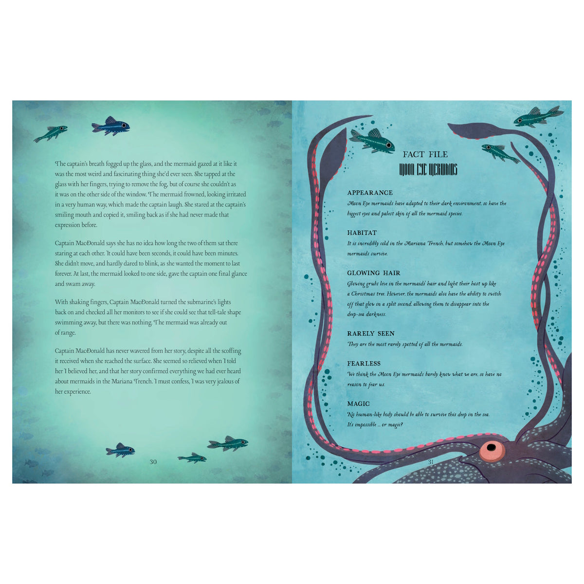 Moon Eye Mermaids fact file and story page with underwater illustrations of fish and a giant octopus.