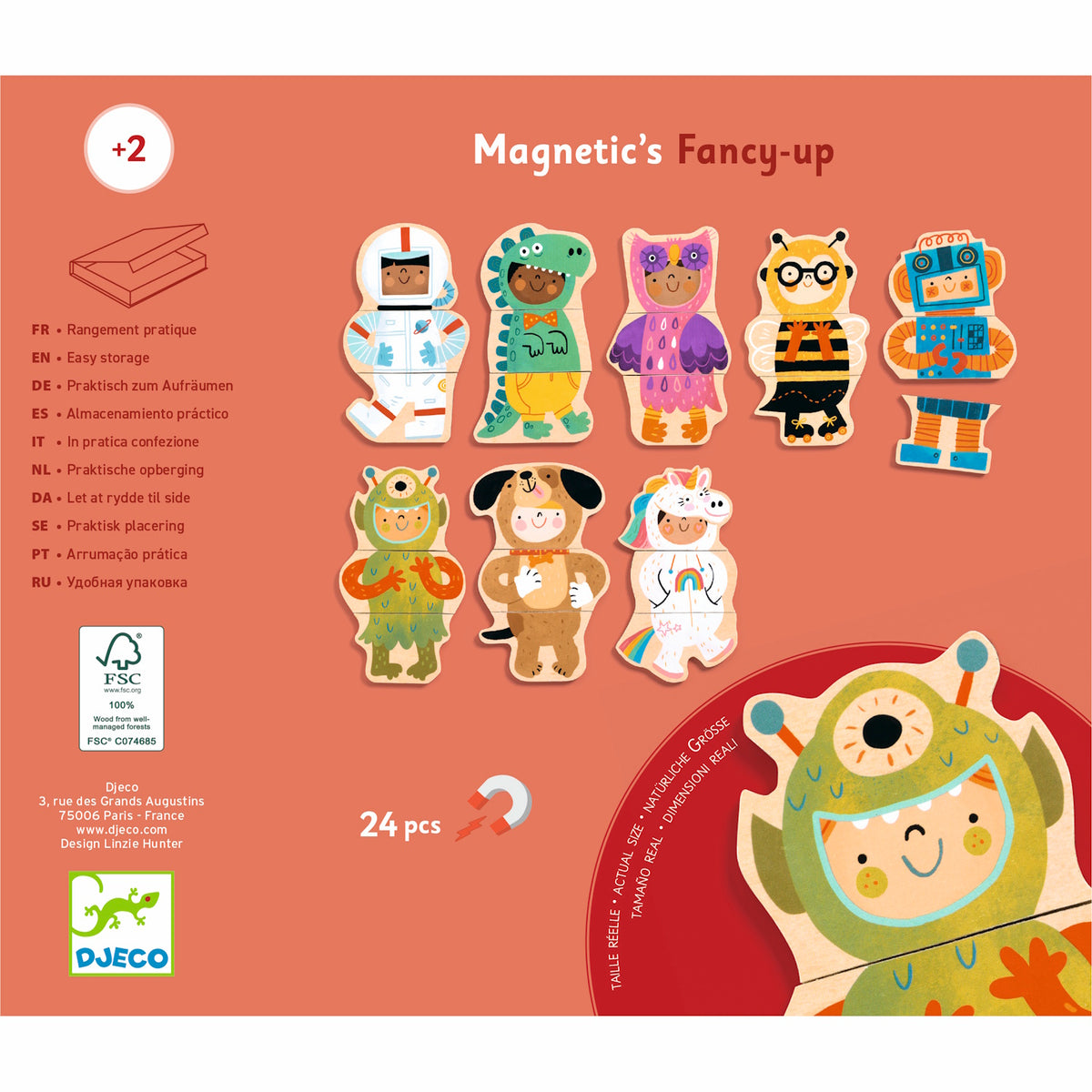 Djeco Magnetic's Fancy-up: 24-piece wooden magnetic puzzle set with mix-and-match characters for toddlers.