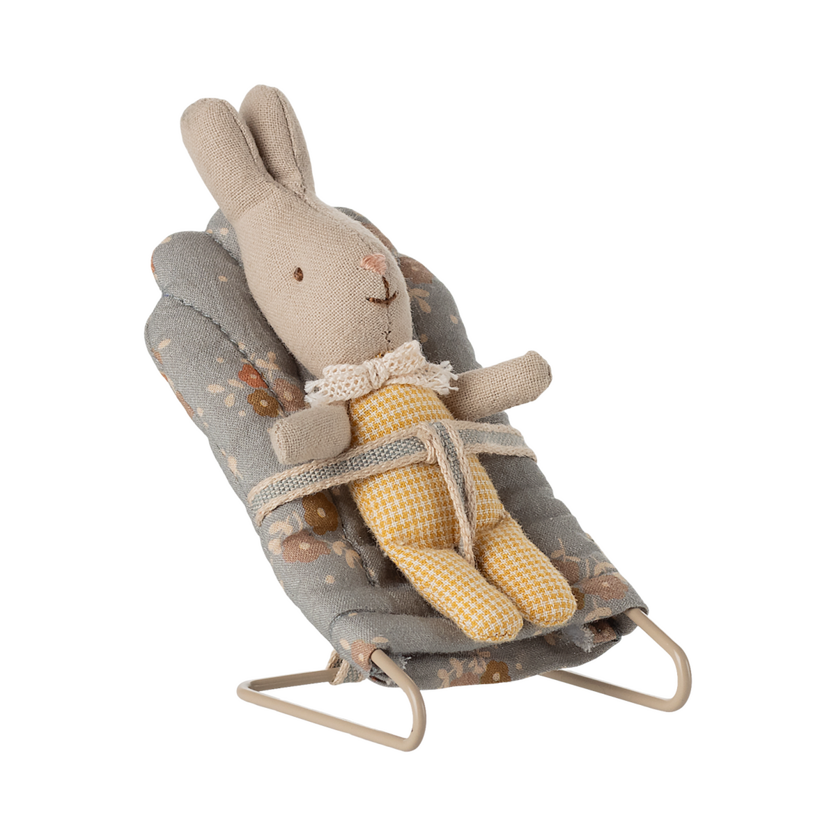 Miniature gray floral baby chair with soft padding and metal frame. It features a harness, scattered orange and brown flowers, and a cozy, vintage feel.