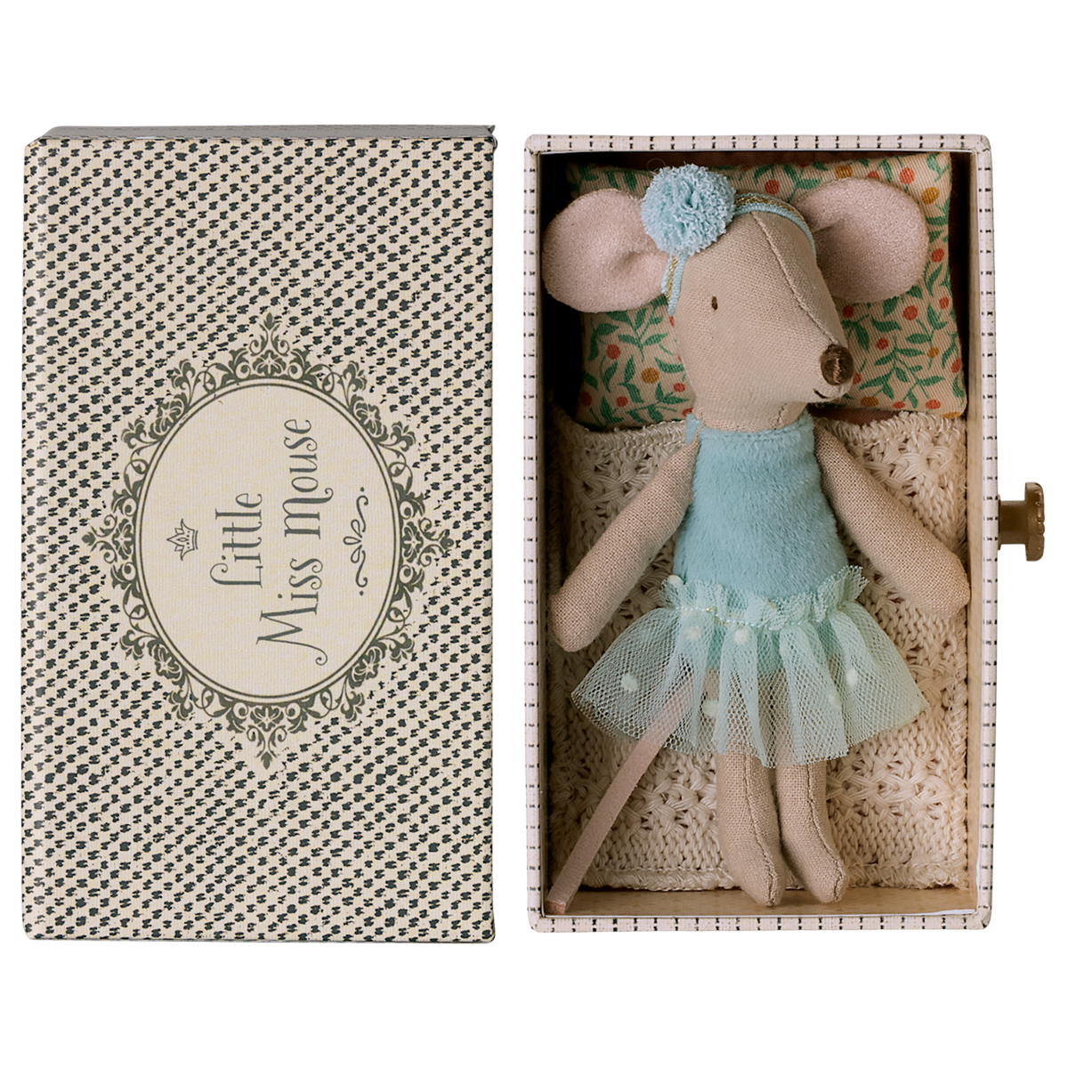 A sweet ballerina mouse in a polka dot outfit, resting on a cozy, vintage-style metal daybed with soft bedding—perfect for imaginative play and dollhouse scenes.