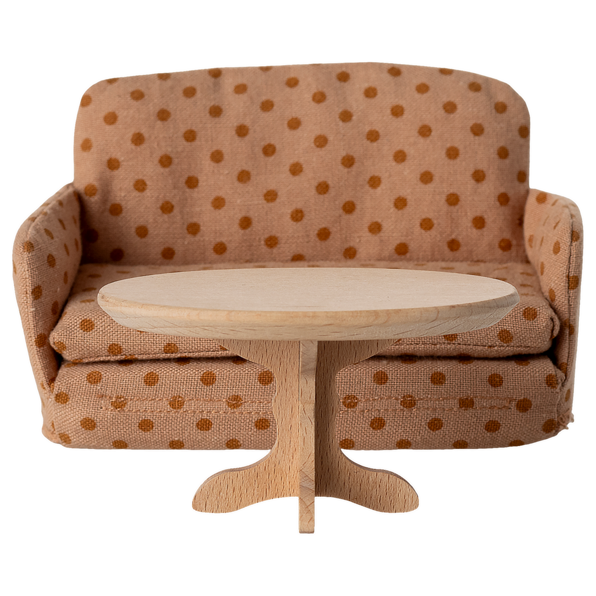 A miniature, oval wooden table with a smooth top and a decorative, carved pedestal base, showcasing a natural wood finish.