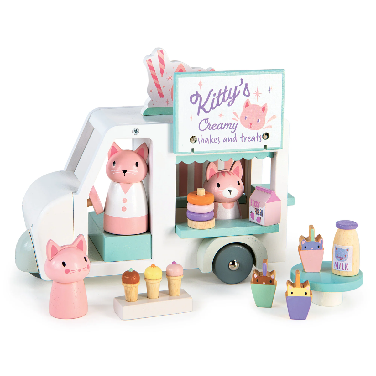A wooden toy food truck set featuring cat figures, ice cream cones, and milkshakes.