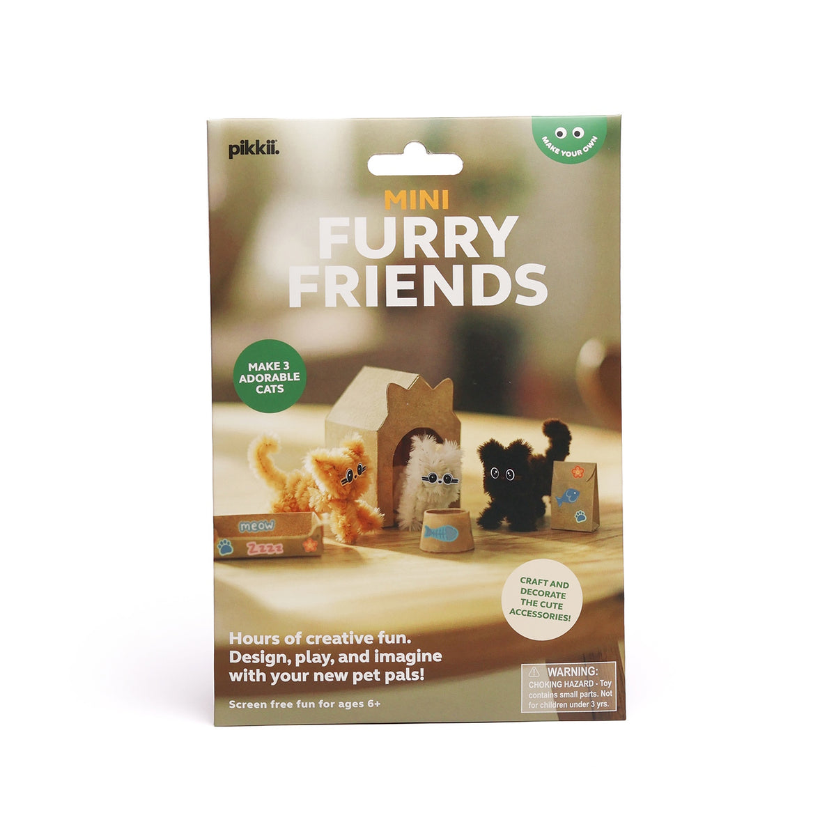Packaging for pikkii Mini Furry Friends craft kit showing three pipe cleaner cats and accessories.