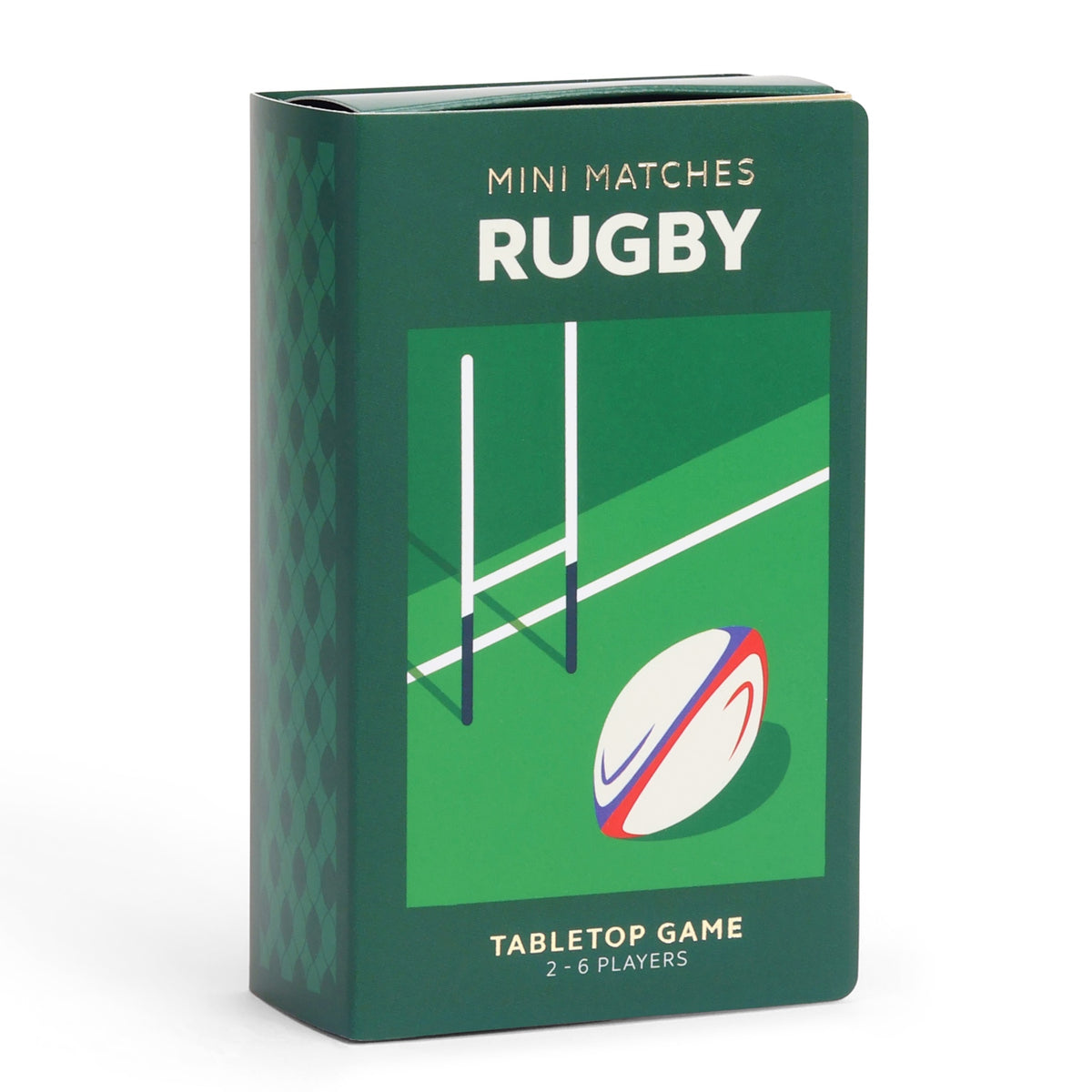 Green box for Mini Matches Rugby tabletop game featuring a rugby ball and goalposts graphic.