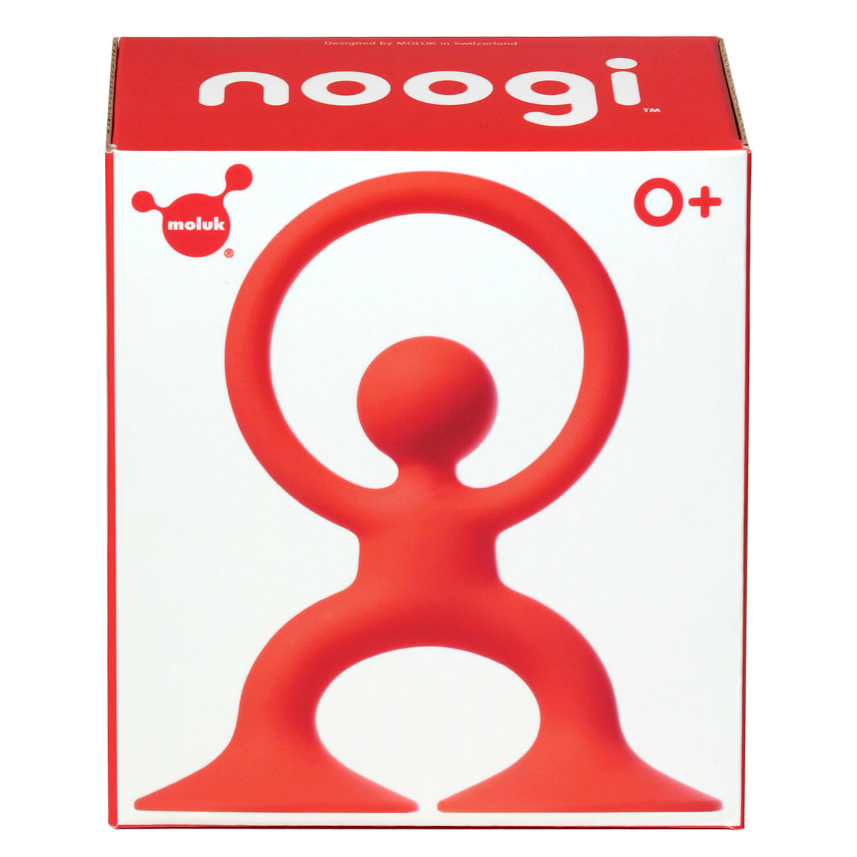 Packaging for a toy called "noogi" by Moluk. It features a red, abstract figure with outstretched arms forming a circle. Bold, playful design for ages 0+.