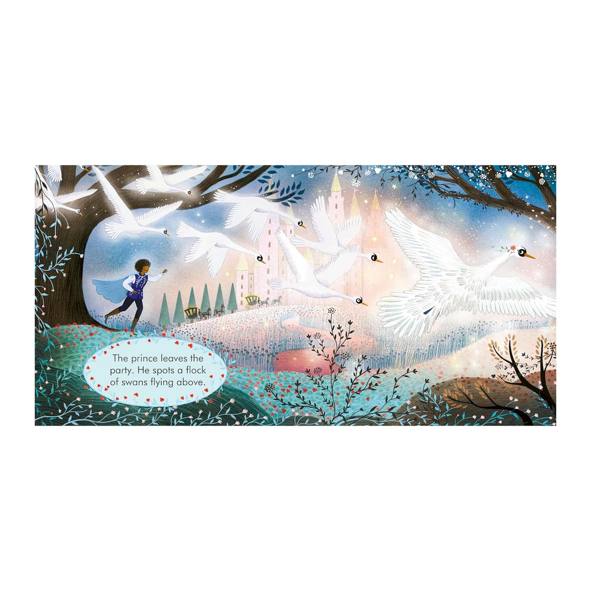 A prince in a blue cape walks amidst trees under a starlit sky. He observes a flock of elegant swans flying over an illuminated castle. The scene feels magical and dreamy.