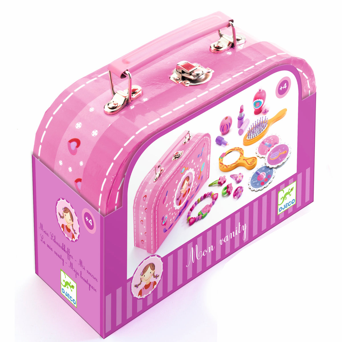 Djeco Mon Vanity pink children's toy makeup case and beauty accessories set for ages 4 and up.