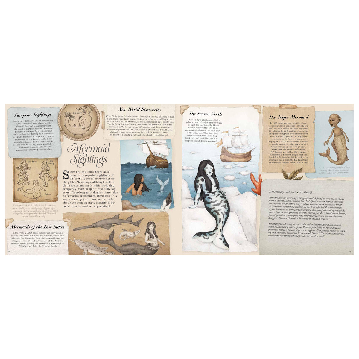 Illustrated book spread about mermaid sightings with text, vintage-style maps, ships, and various mermaid drawings.