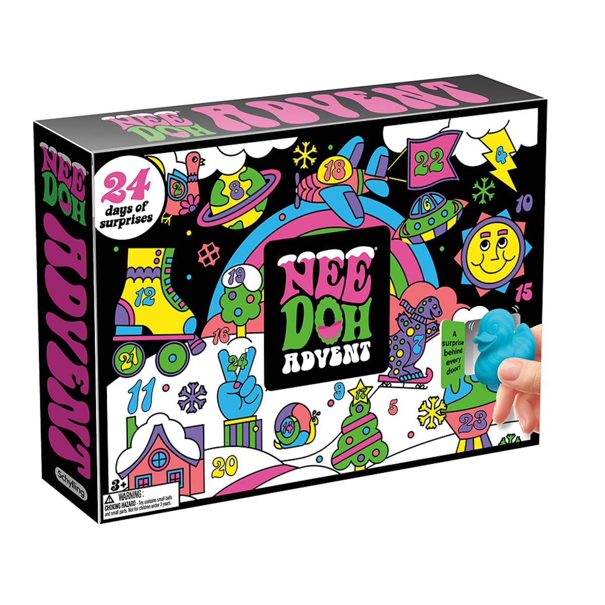 NeeDoh Advent Calendar box featuring 24 days of squishy fidget toy surprises in a colorful, retro groovadelic design.